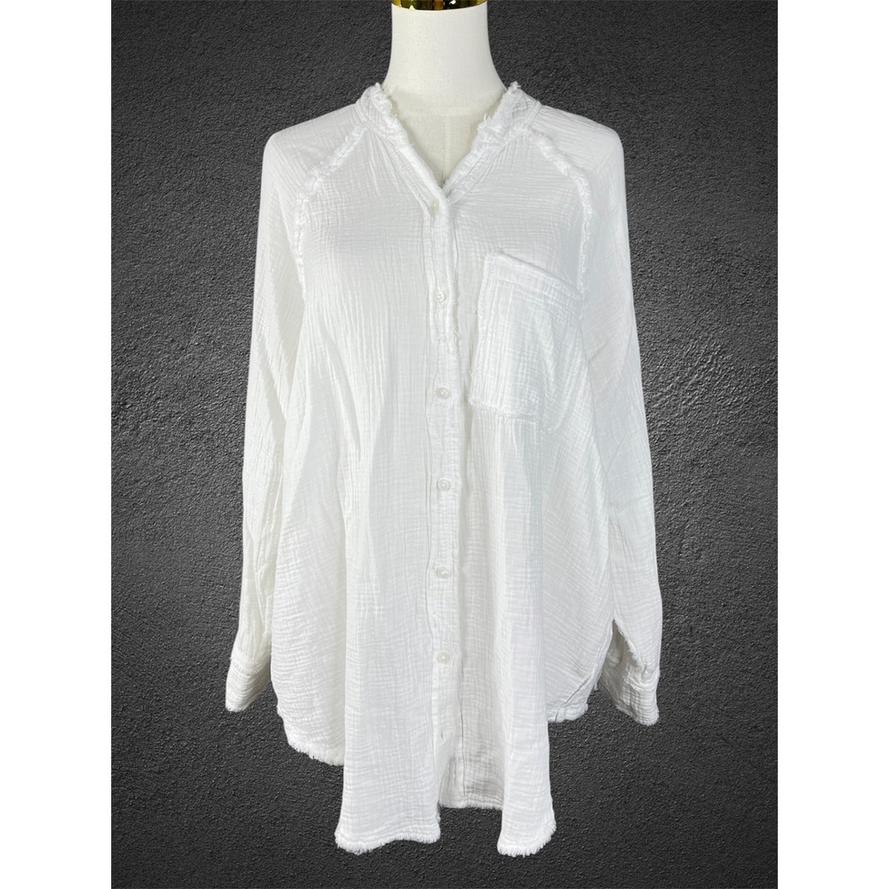 Aerie White Double Gauze Cotton Button Down Shirt Raw Trim Oversized Small A341